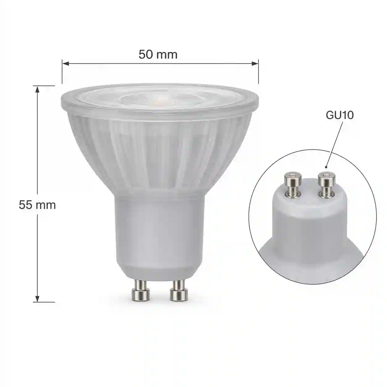 LED žárovka GU10 zezadu s paticí a rozměrovým srovnáním
